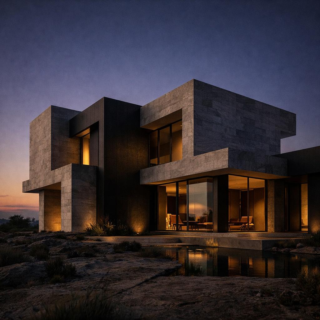 Residencia contemporánea al atardecer